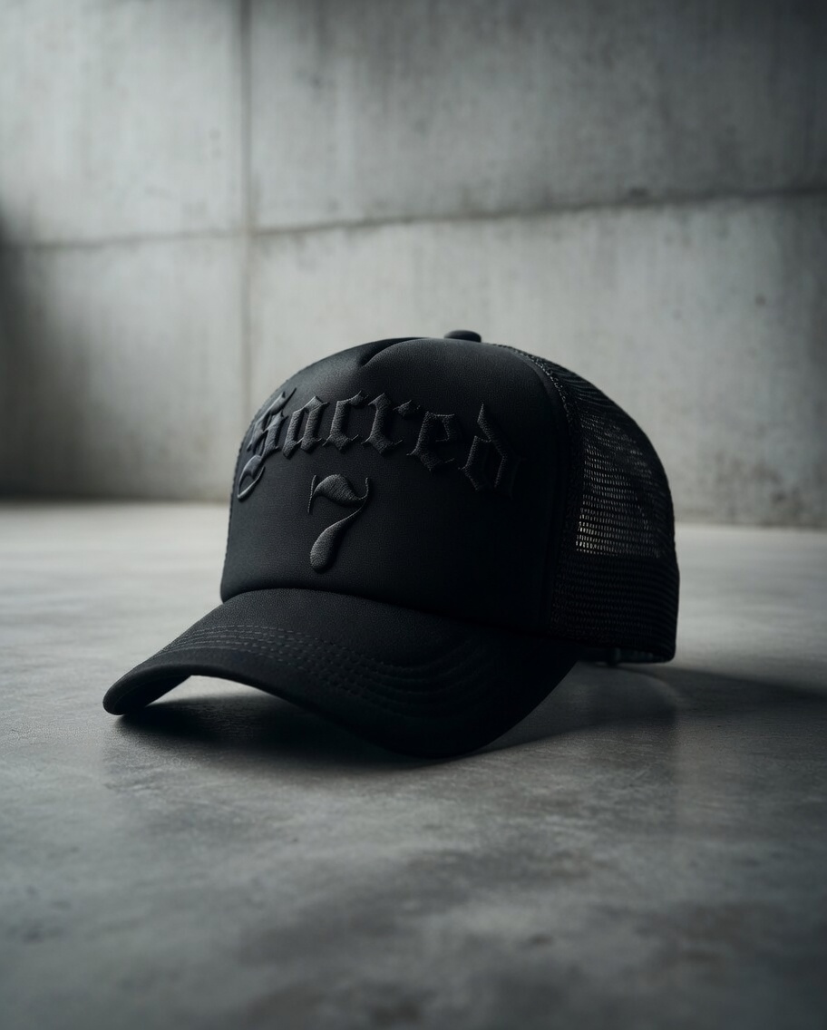 Sacred 7 Embroidered Trucker - Black On Black